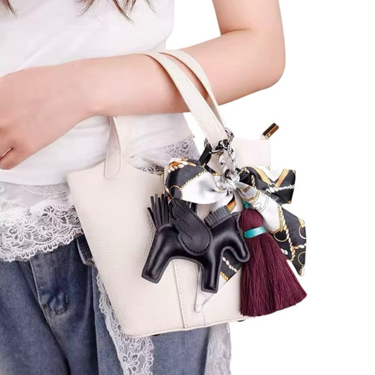 Black & Burgundy Winged Horse Silky Scarf & Tassel Bag Charm Keychain PU Leather
