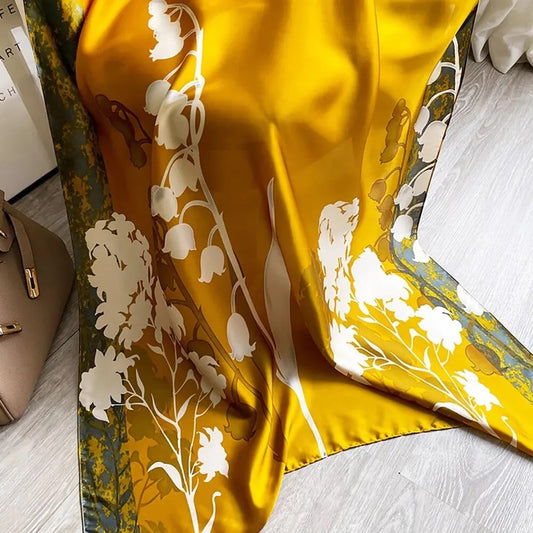 Spring Blossom Silk-Emulation Satin Large Scarf