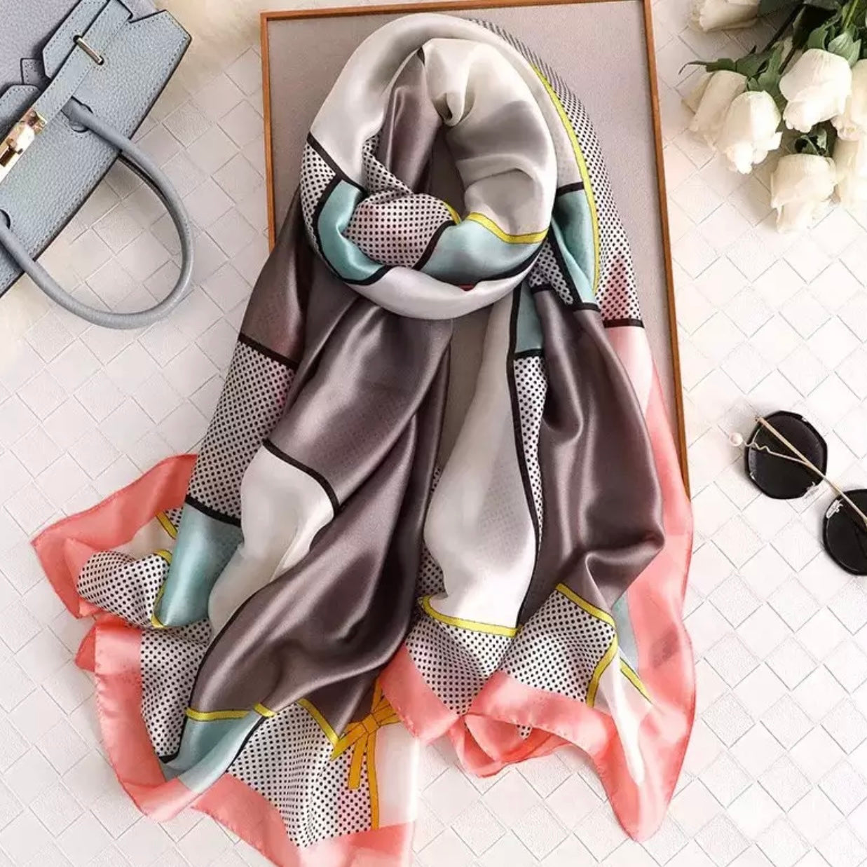 Parisian Garden Silk-Emulation Satin Large Scarf