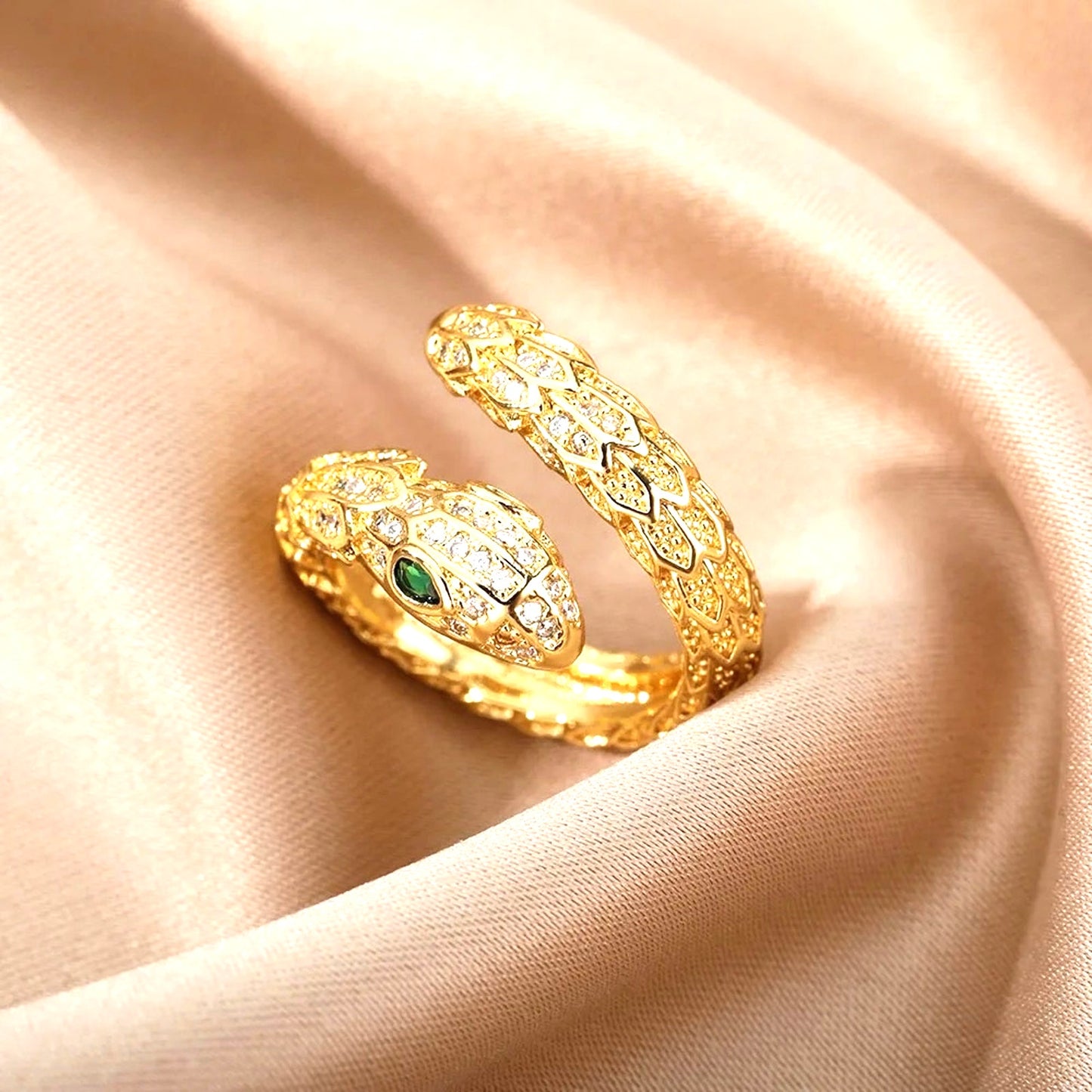 Snake Pave Gold Plated Stainless Steel Free Size Ring