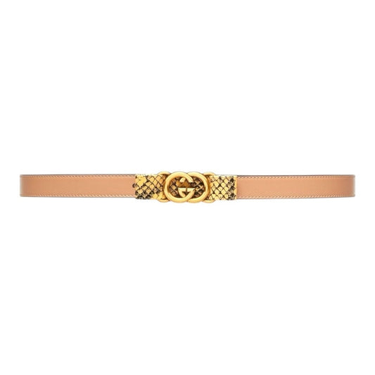 NWT & Box Gucci Beige Leather Belt with Python-Wrapped Interlocking G Buckle