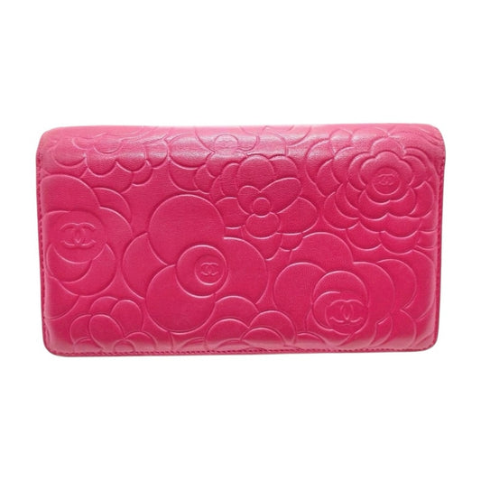 CHANEL Pink Camellia Embossed Long Bifold Leather Wallet