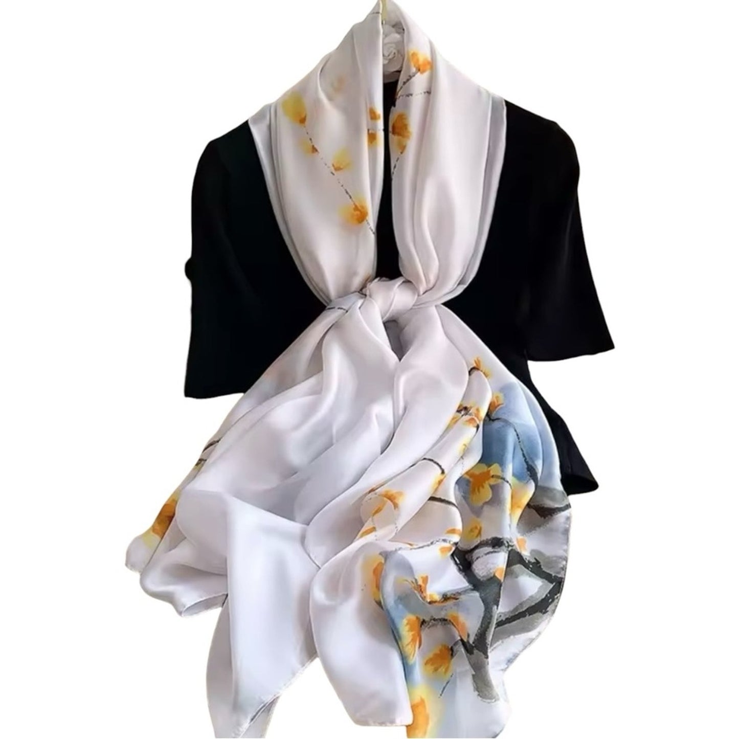 White Yellow Blossom Silky Satin Floral Scarf Shawl Wrap – Oversized Lightweight