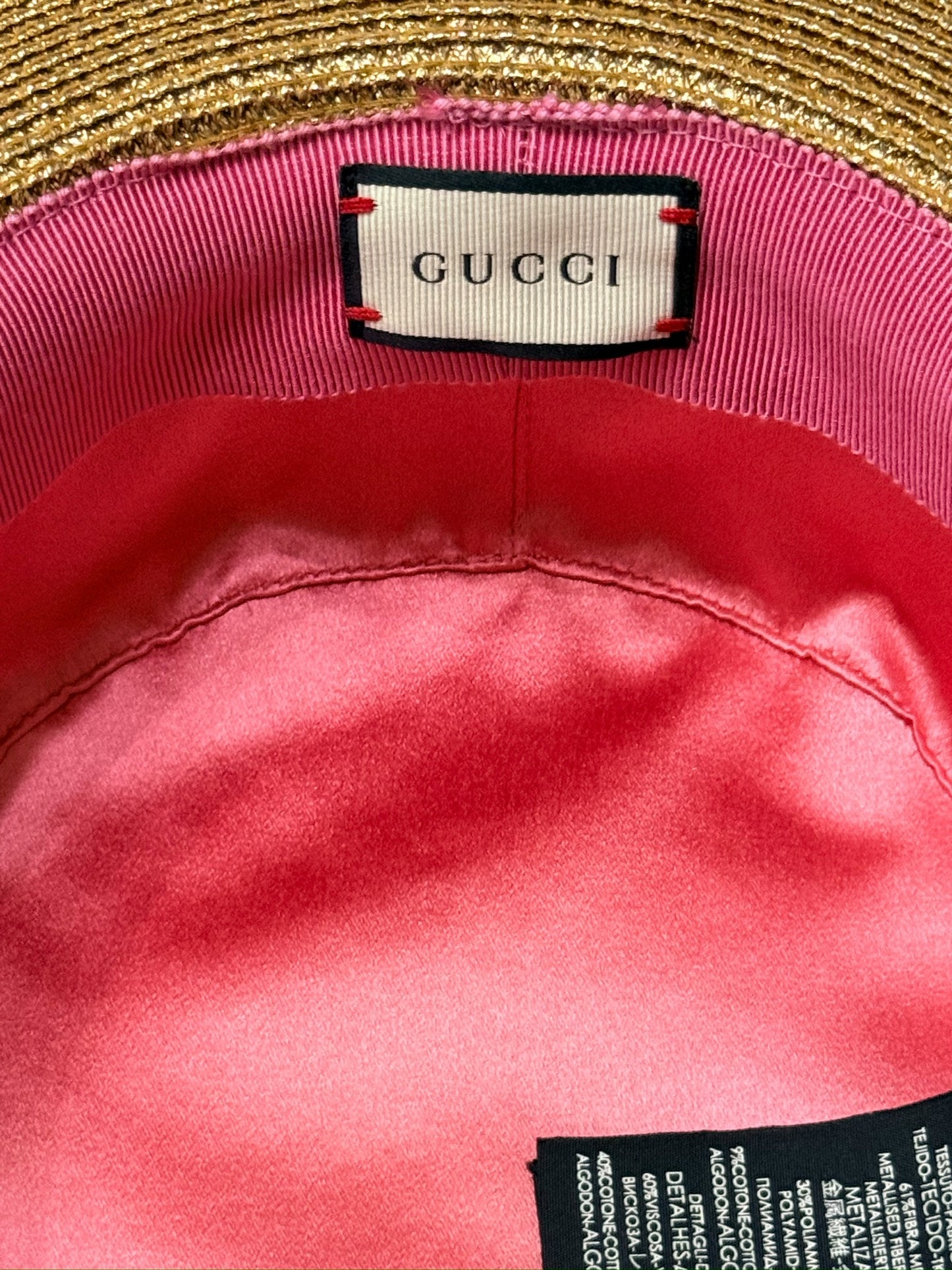 Gucci Bee Gold Metallic Lamé Boater Hat — Wide Brim Rare Silk Lining Variant| Alessandro Michele | Size 58