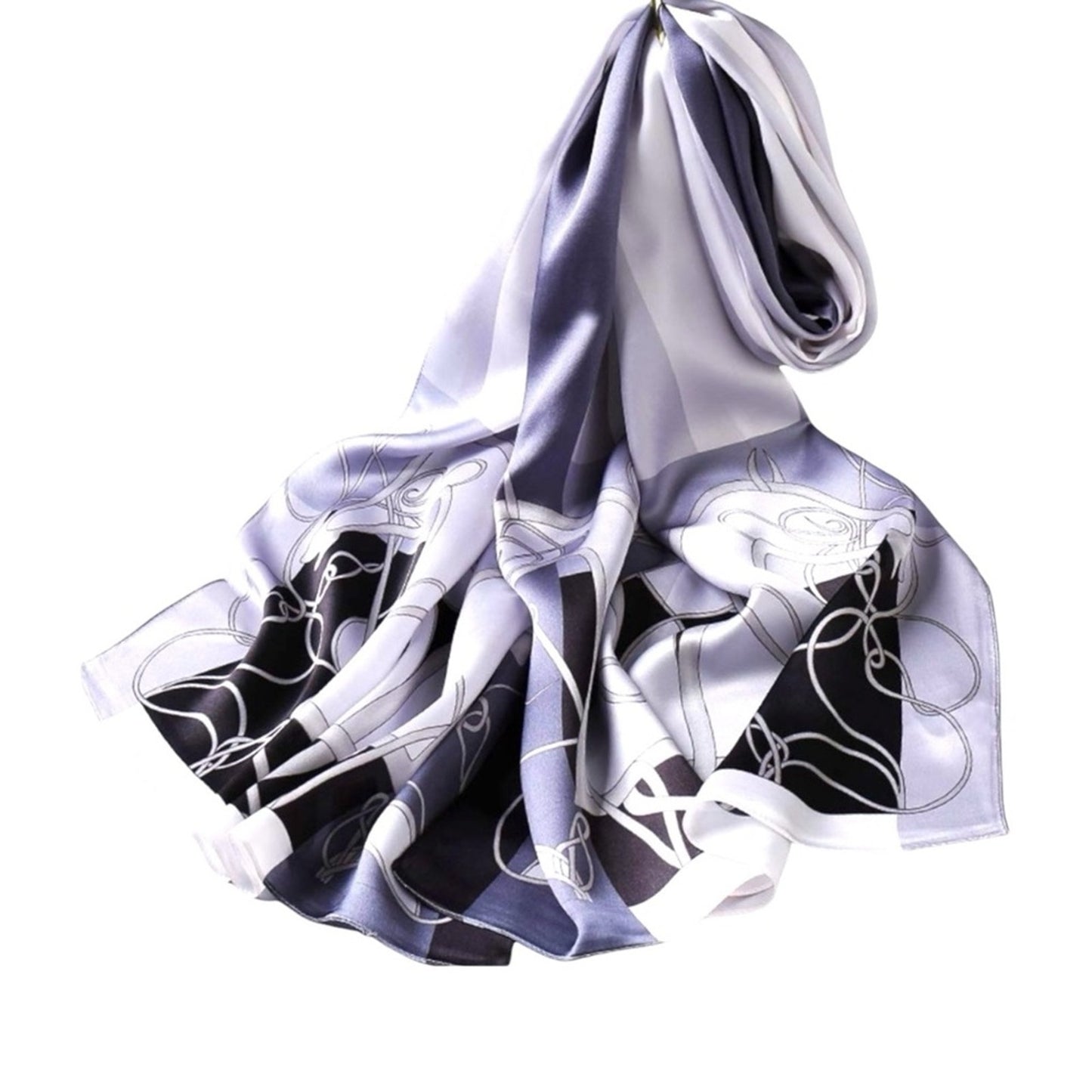 Black & Grey Abstract Silky Satin Scarf Shawl Wrap – Oversized Lightweight