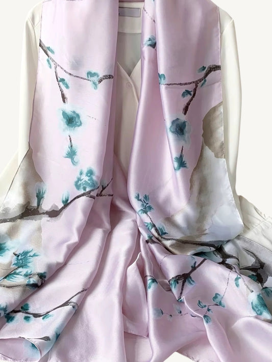The Colmar – blush pink blossom satin scarf shawl wrap floating on white background showing fabric drape and teal floral print