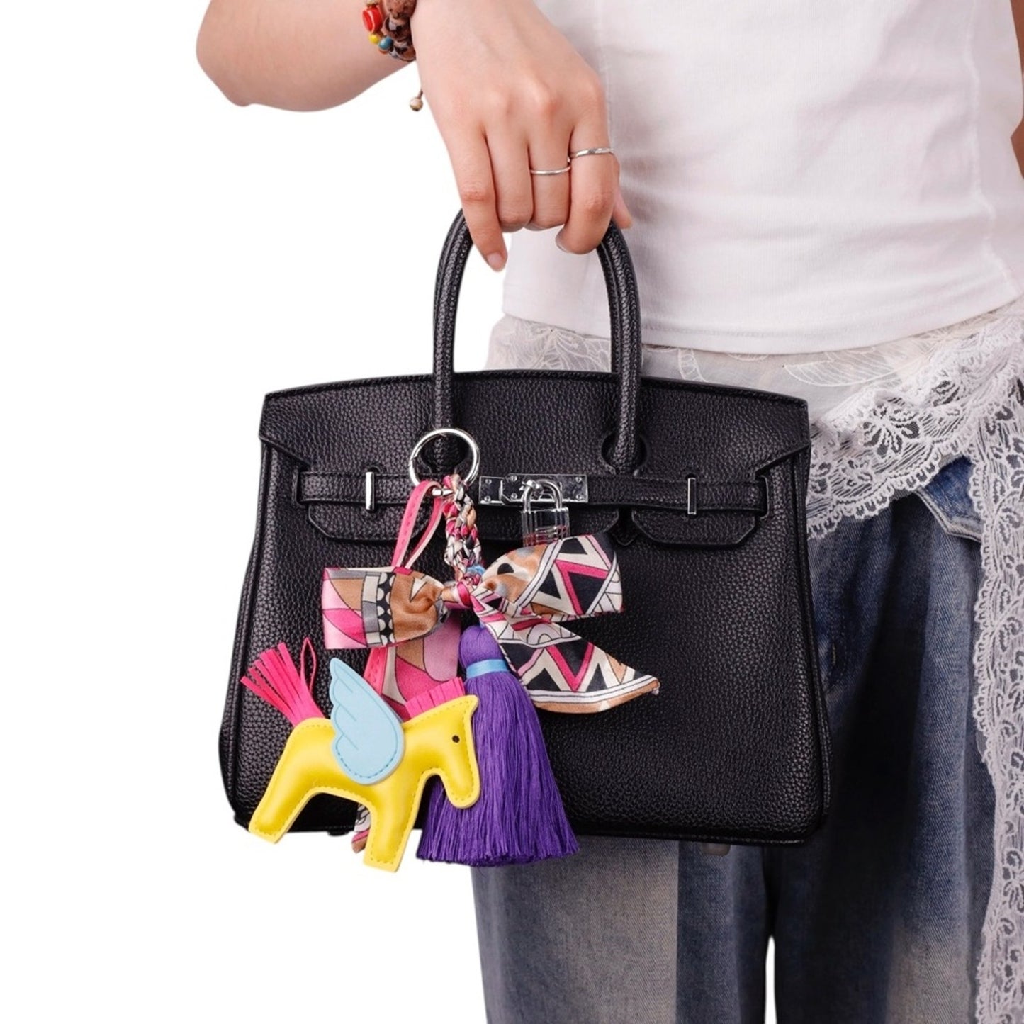 Purple & Yellow Winged Horse Silky Scarf & Tassel Bag Charm Keychain– PU Leather