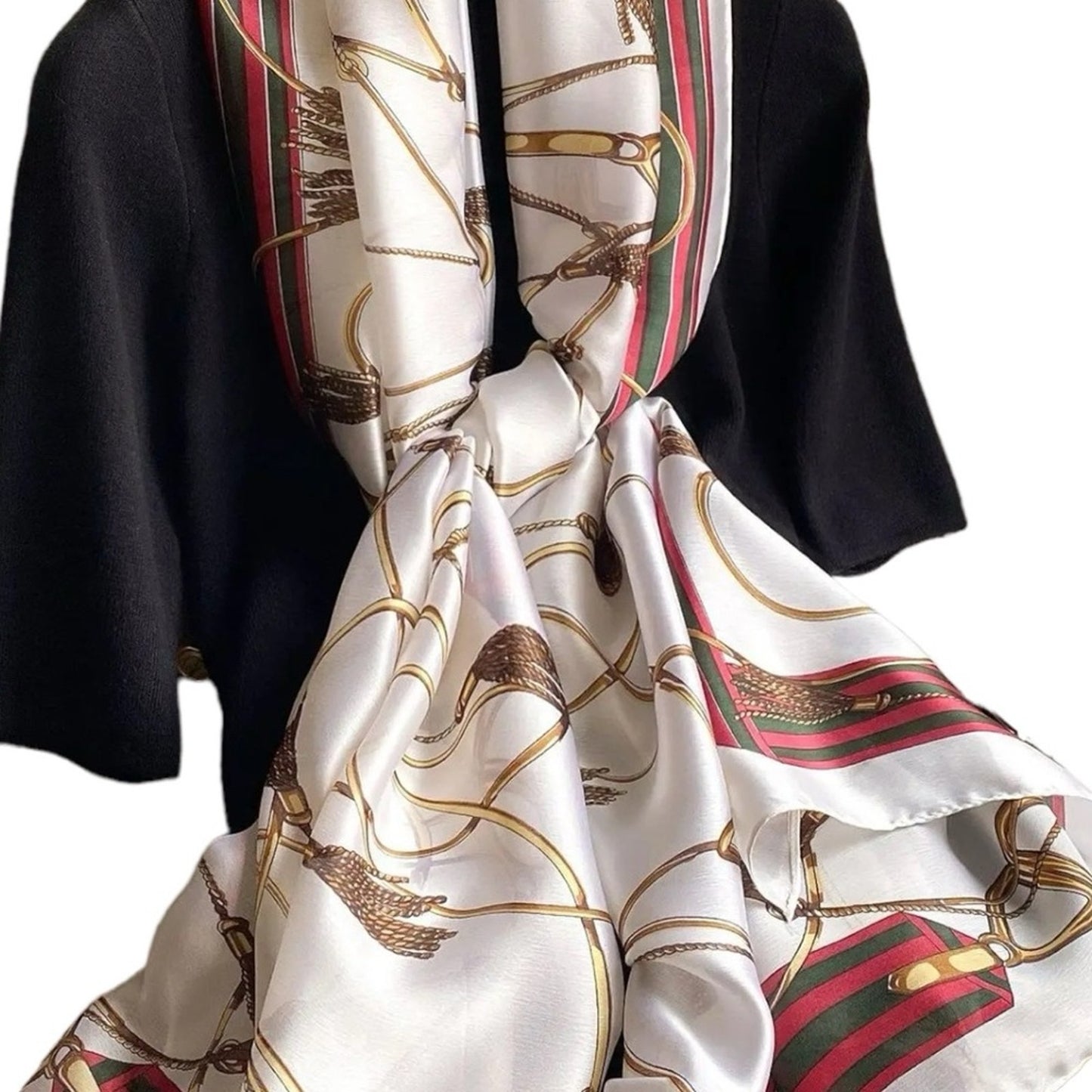 White Gold Equestrian Silky Satin Scarf Shawl Wrap – Oversized Lightweight