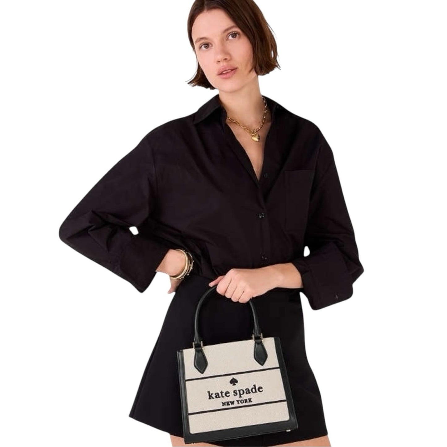 Kate Spade Ellie Canvas Tote Crossbody Black Cream Logo Bag NWT