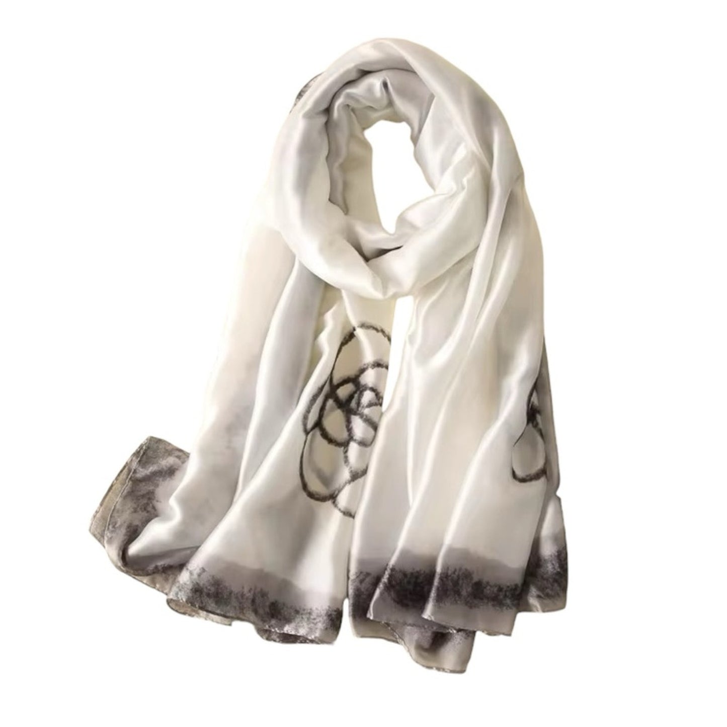 White Floral Border Silky Satin Scarf Shawl Wrap – Oversized Lightweight