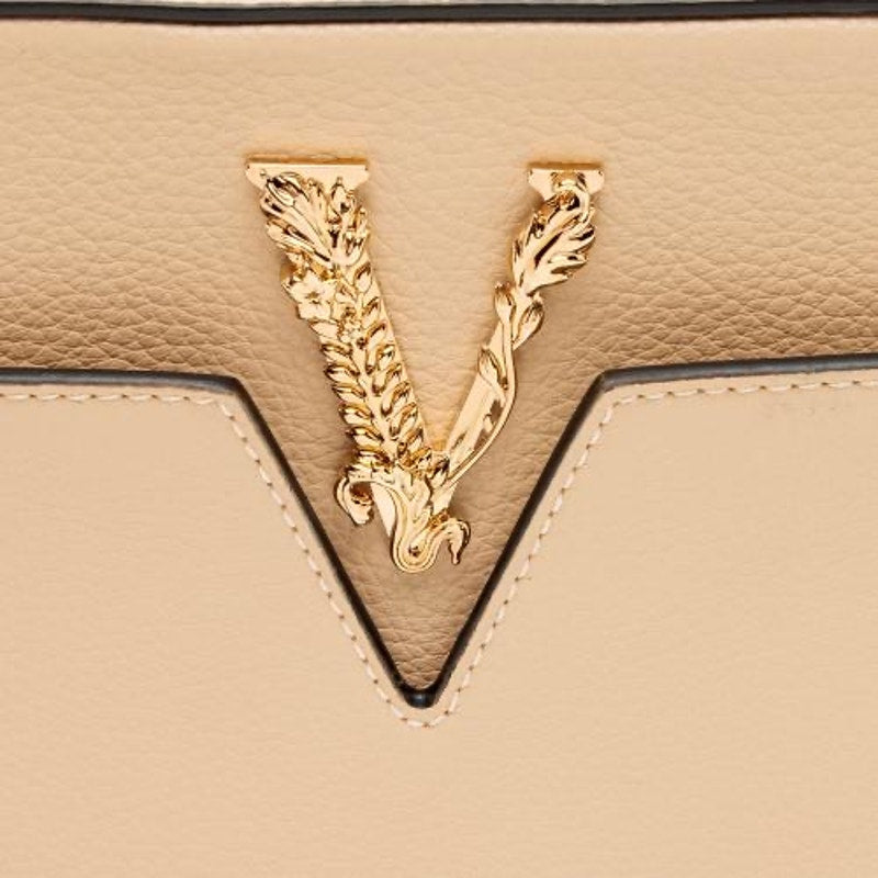 Versace Virtus Beige Leather Zip Around Wallet Gold Baroque V Logo Continental