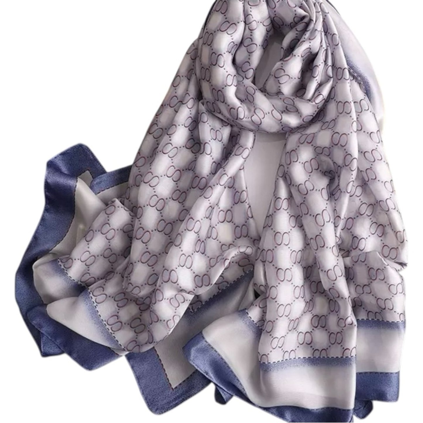 Blue White Silky Satin Scarf Shawl Wrap – Oversized Lightweight Geometric Print