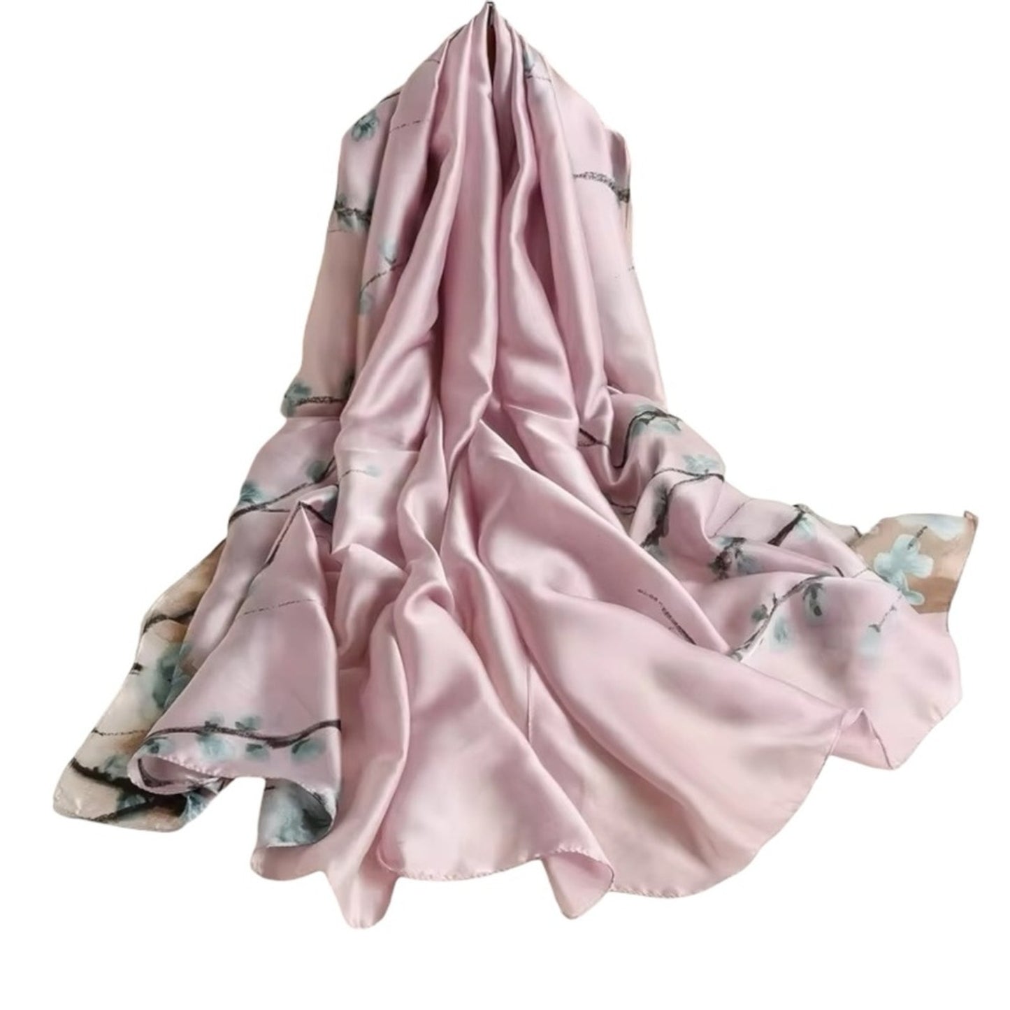 Pink Blossom Silky Satin Scarf Shawl Wrap – Oversized Lightweight