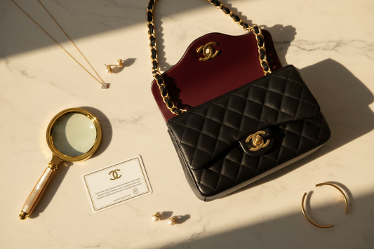 Classic black Chanel quilted flap bag open on cream marble with a magnifying glass and authentication card — expert guide to spotting fake designer bags by Shimmer & Shawls