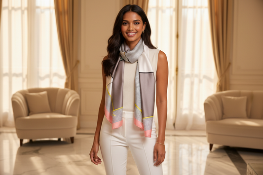Woman with warm medium-brown skin and long dark wavy hair wearing a printed silk scarf in an elegant Parisian knot with a minimalist cream outfit and gold jewelry — scarf styling inspiration from Shimmer & Shawls