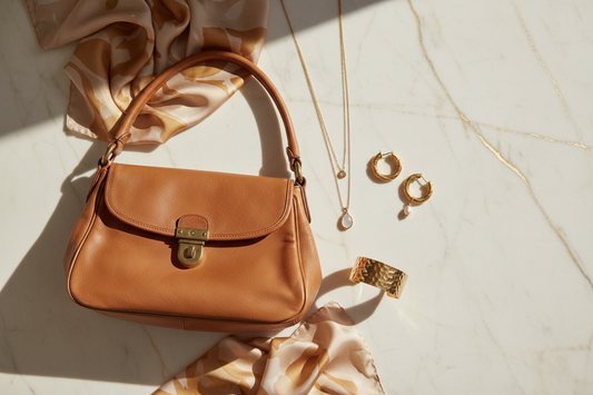 Luxury designer handbag, gold jewelry, and silk scarf flatlay on cream marble — representing sustainable, inclusive luxury at Shimmer & Shawls