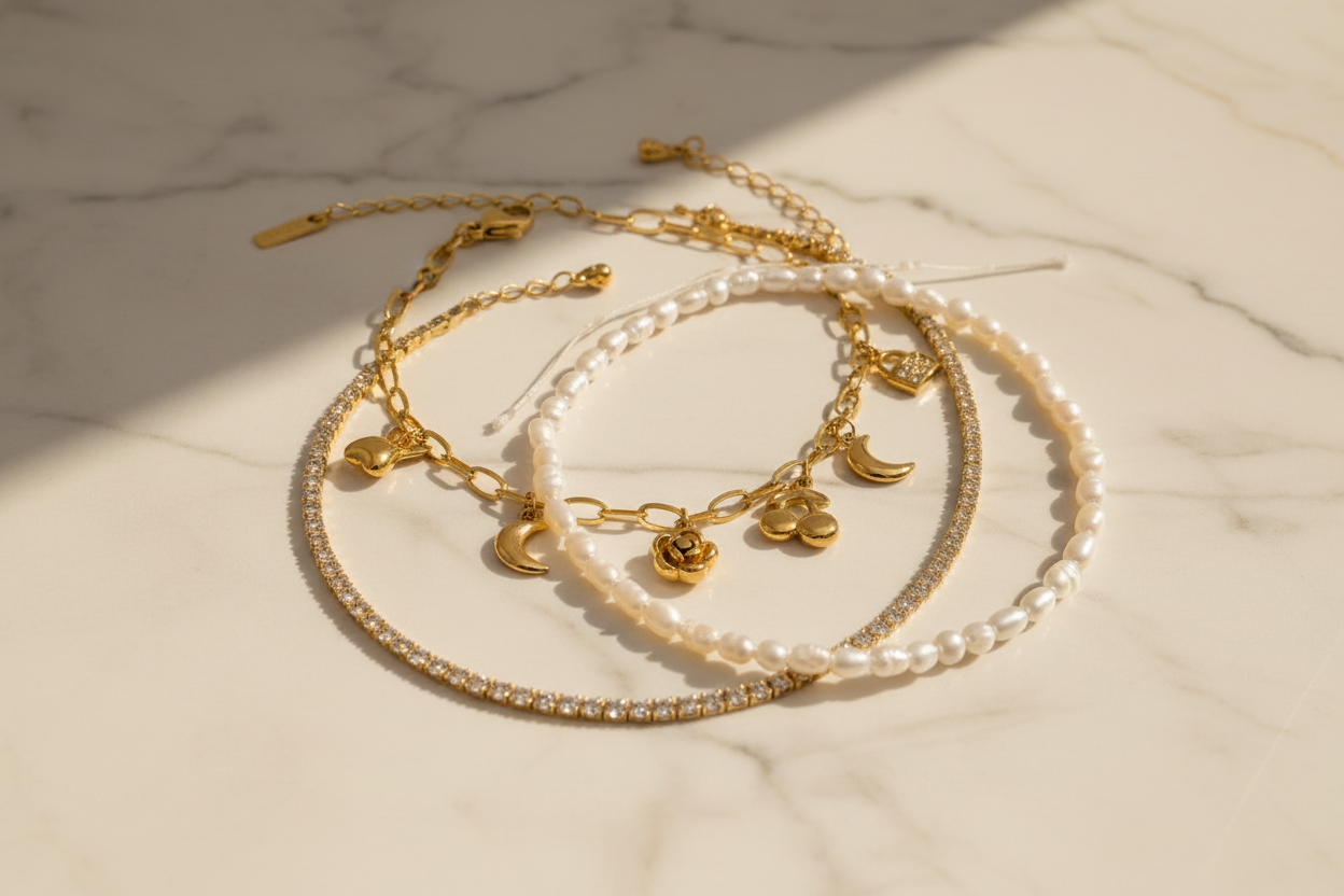 Gold and silver charm anklets with heart, moon, rose and lock charms arranged on cream marble surface - Anklets collection at Shimmer and Shawls
