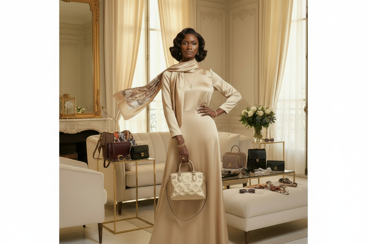 Elegant woman with deep brown skin and natural hair wearing a champagne outfit with a luxury silk scarf draped around her shoulders, holding a designer handbag in a Parisian interior - Best Sellers at Shimmer and Shawls