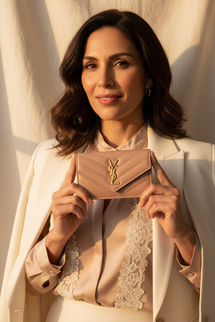 Polished woman holding a quilted leather luxury wallet — shop designer wallets at Shimmer and Shawls