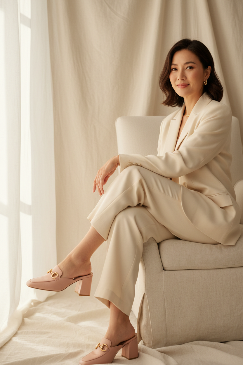 A bright and feminine flat lay of modern luxury designer-inspired shoes including a stiletto pump, cap-toe slingback, gold chain sandal, quilted loafer, and square-toe mule in neutral tones of cream, beige, blush, and taupe on a white marble surface
