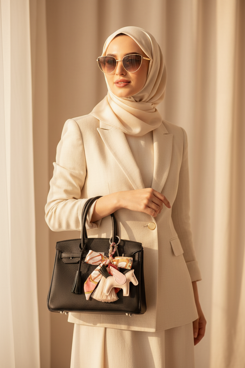 Luxury accessories flat lay on white marble with sunglasses, leather belt, sun hat, bag charm, and silk scarf in neutral cream, beige, blush, and taupe tones with gold accents