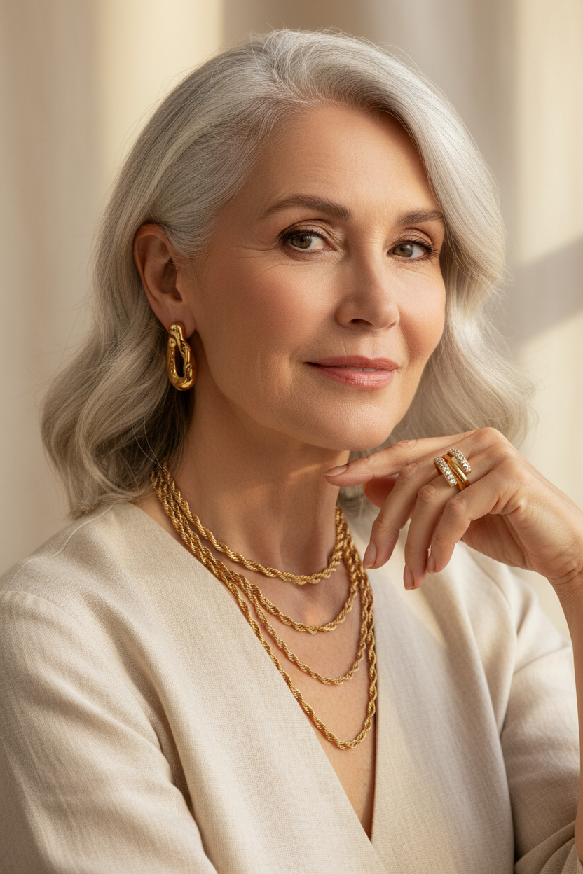 Elegant woman wearing luxury gold jewelry — shop designer rings, necklaces and bracelets at Shimmer and Shawls