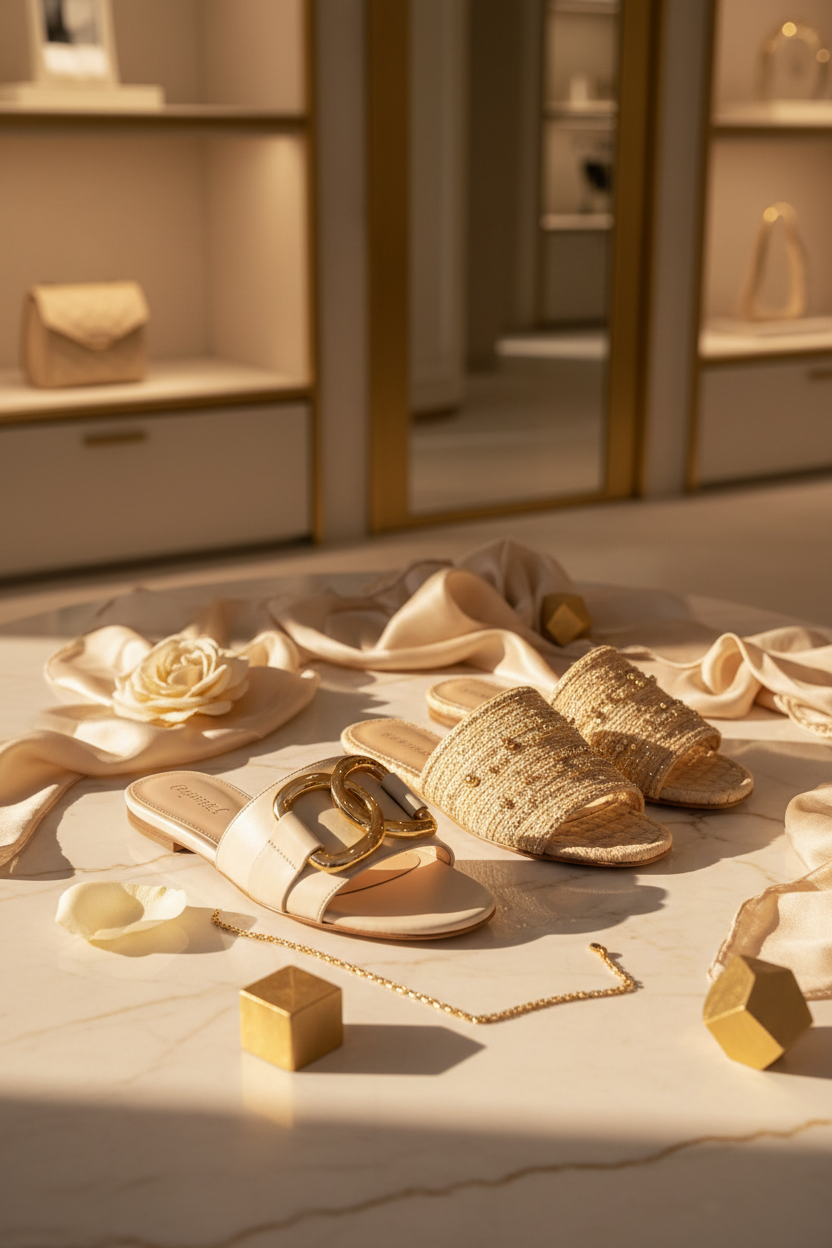 Luxury designer slide sandals editorial flatlay on cream marble surface"