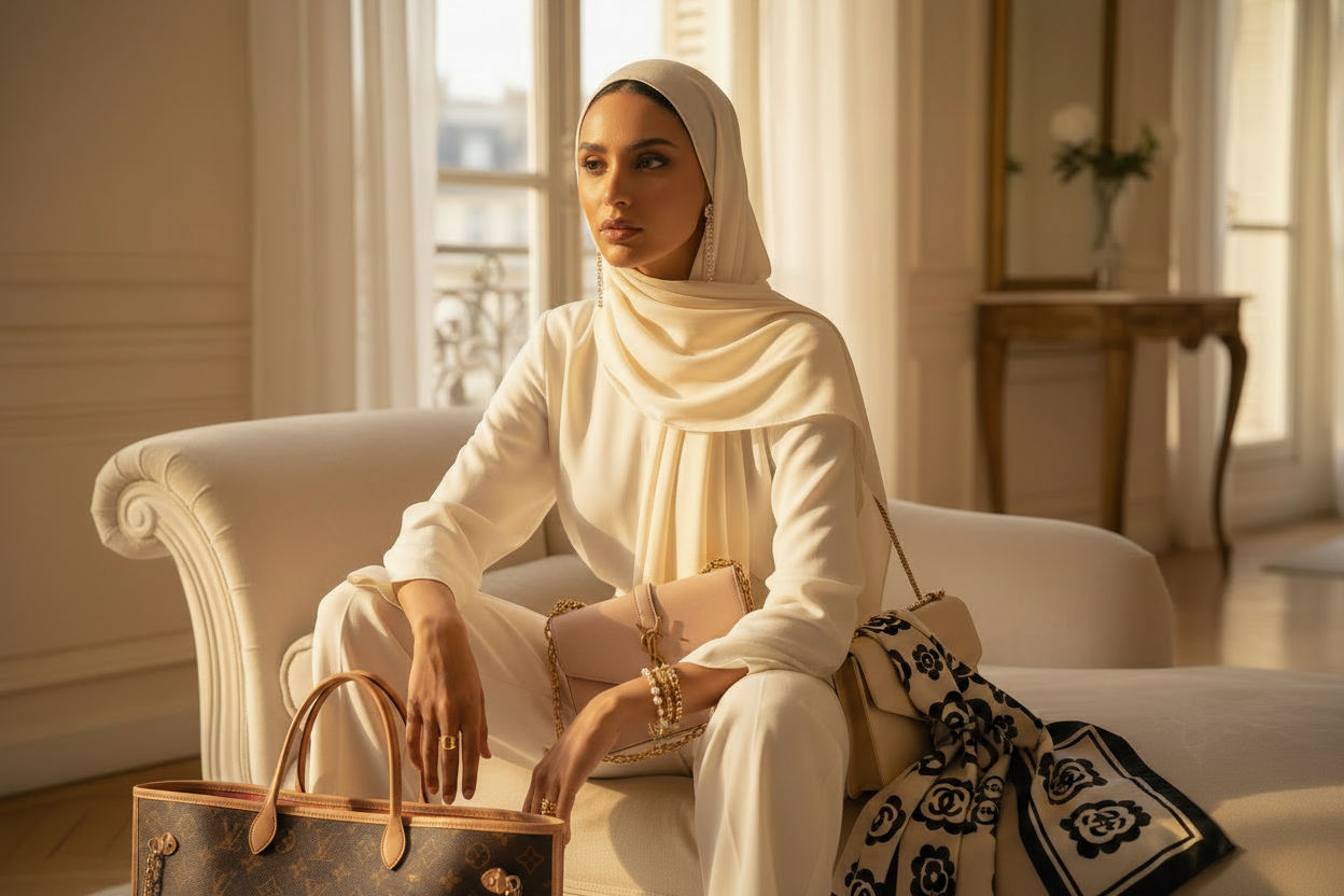 legant woman in cream hijab seated in a Parisian apartment surrounded by her favourite luxury accessories including Louis Vuitton bags and a Chanel scarf - Meriem's Picks at Shimmer and Shawls