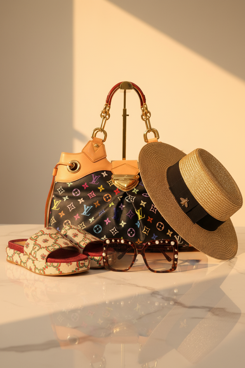 Louis Vuitton multicolor monogram bag standing upright with gold straw hat, studded sunglasses and Gucci slides on cream marble — The Luxury Edit at Shimmer & Shawls