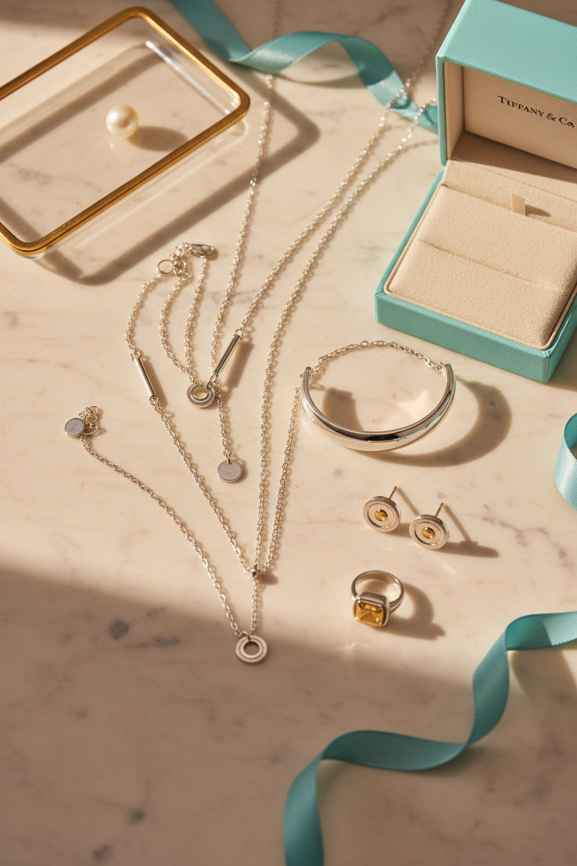 Tiffany & Co sterling silver jewelry editorial flatlay on cream marble surface — shop at Shimmer & Shawls