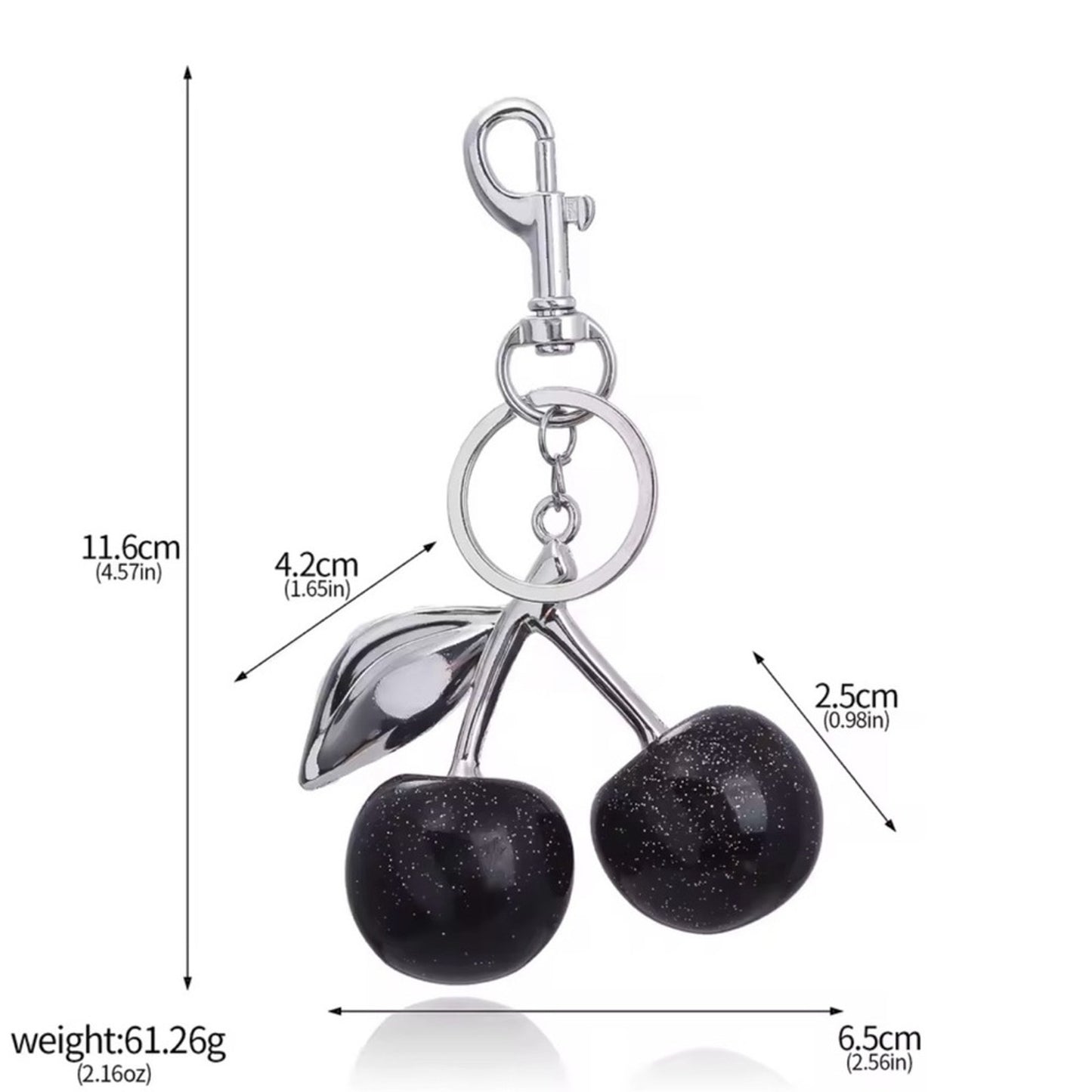 Black Glitter Cherry Bag Charm Keychain | Purse Charm with Silver Hardware