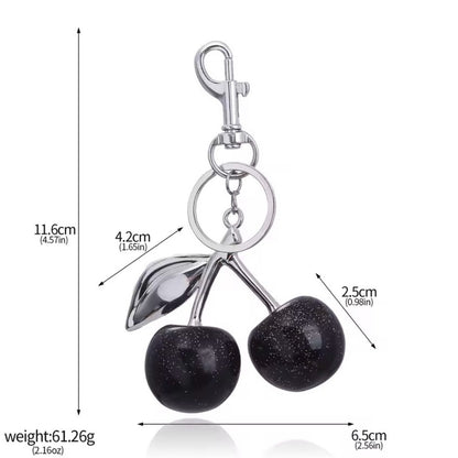 Black Glitter Cherry Bag Charm Keychain | Purse Charm with Silver Hardware