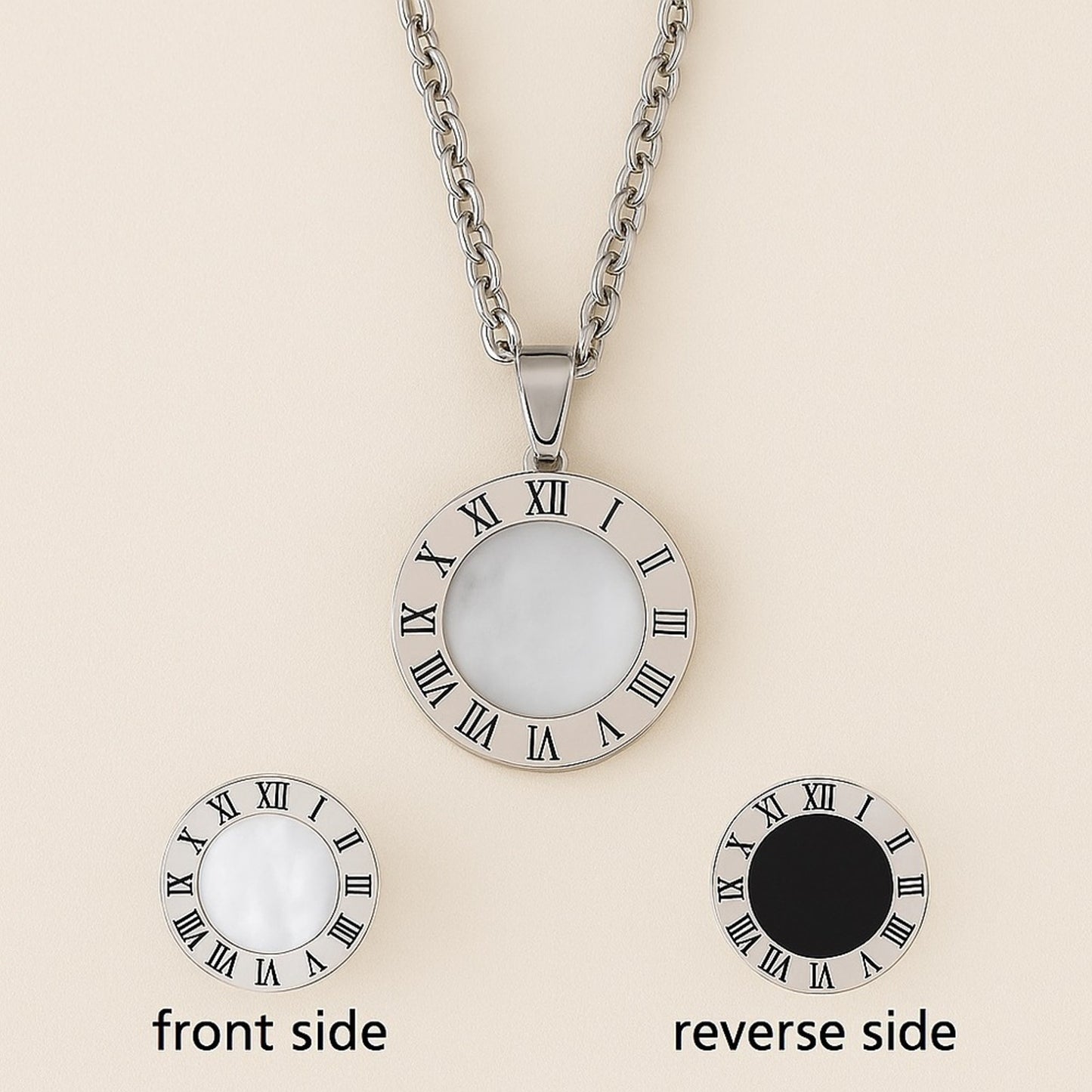 3 Pc Roman Numeral Reversible Stainless – Necklace, Bracelet & Earrings Set