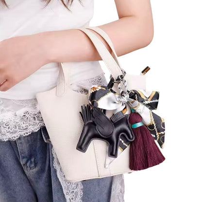 Black & Burgundy Winged Horse Silky Scarf & Tassel Bag Charm Keychain PU Leather