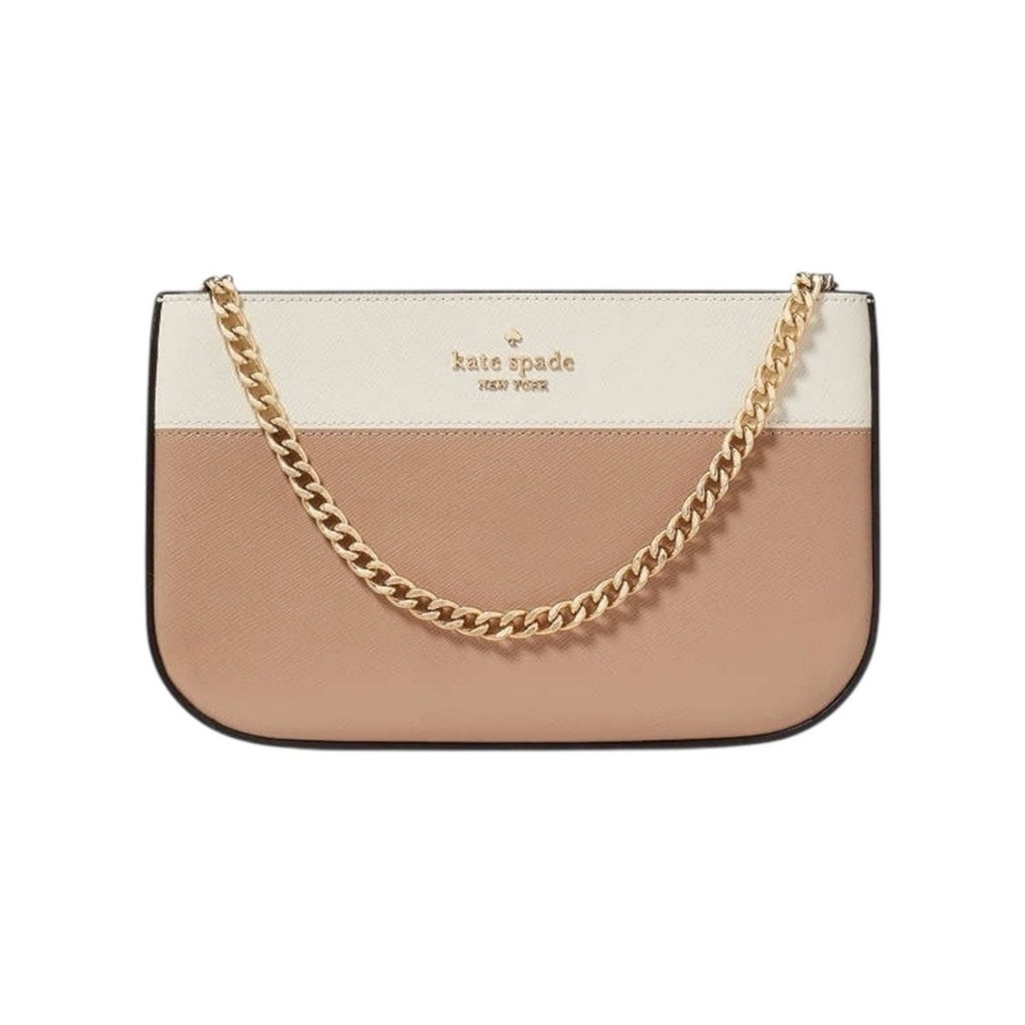 Kate Spade Cream & Tan Saffiano Leather & Gold Wristlet Pochette hand Bag NWT