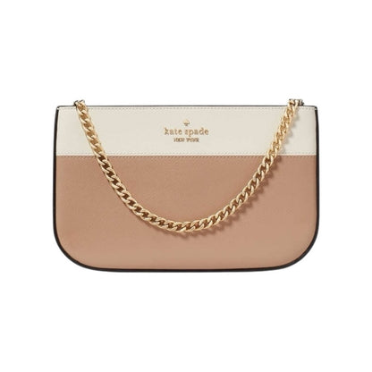 Kate Spade Cream & Tan Saffiano Leather & Gold Wristlet Pochette hand Bag NWT