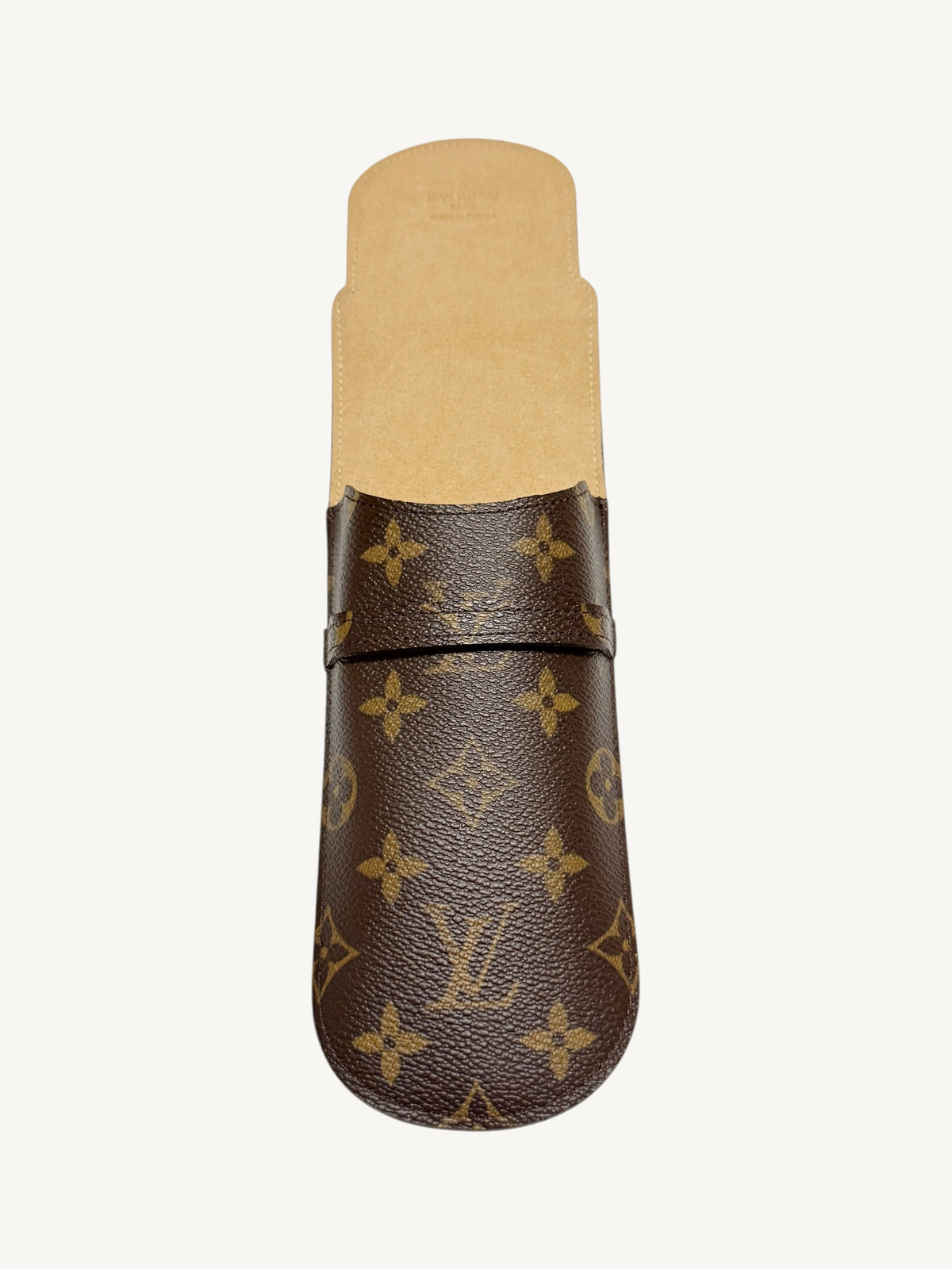 Louis Vuitton Monogram Étui Stylo Pen Case — side view showing structured canvas and leather loop detail | Shimmer & Shawls