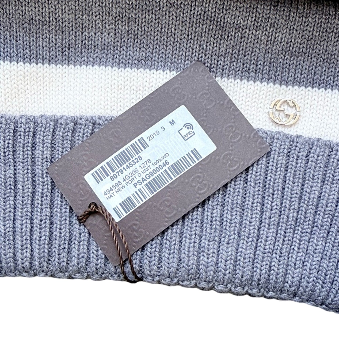 NWT & Box Gucci New Port Web Stripe Knit 100% Wool Beanie Hat Gray & White