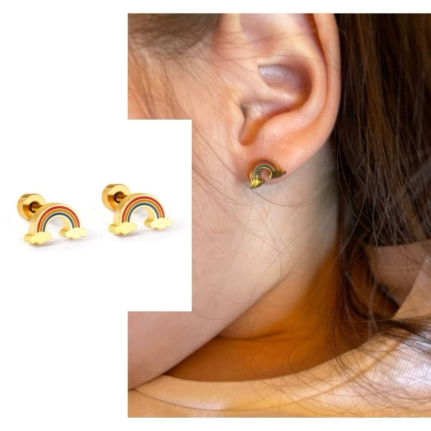 Rainbow Cloud Stud Earrings – 18k Gold-Plated Hypoallergenic Stainless Steel