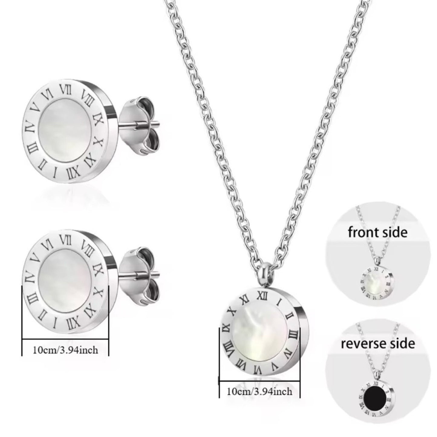3 Pc Roman Numeral Reversible Stainless – Necklace, Bracelet & Earrings Set