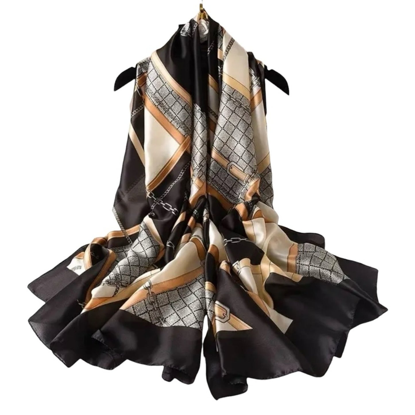 Black Gold Chain Silky Satin Scarf Shawl Wrap – Oversized Lightweight