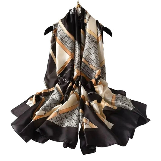 Black Gold Chain Silky Satin Scarf Shawl Wrap – Oversized Lightweight