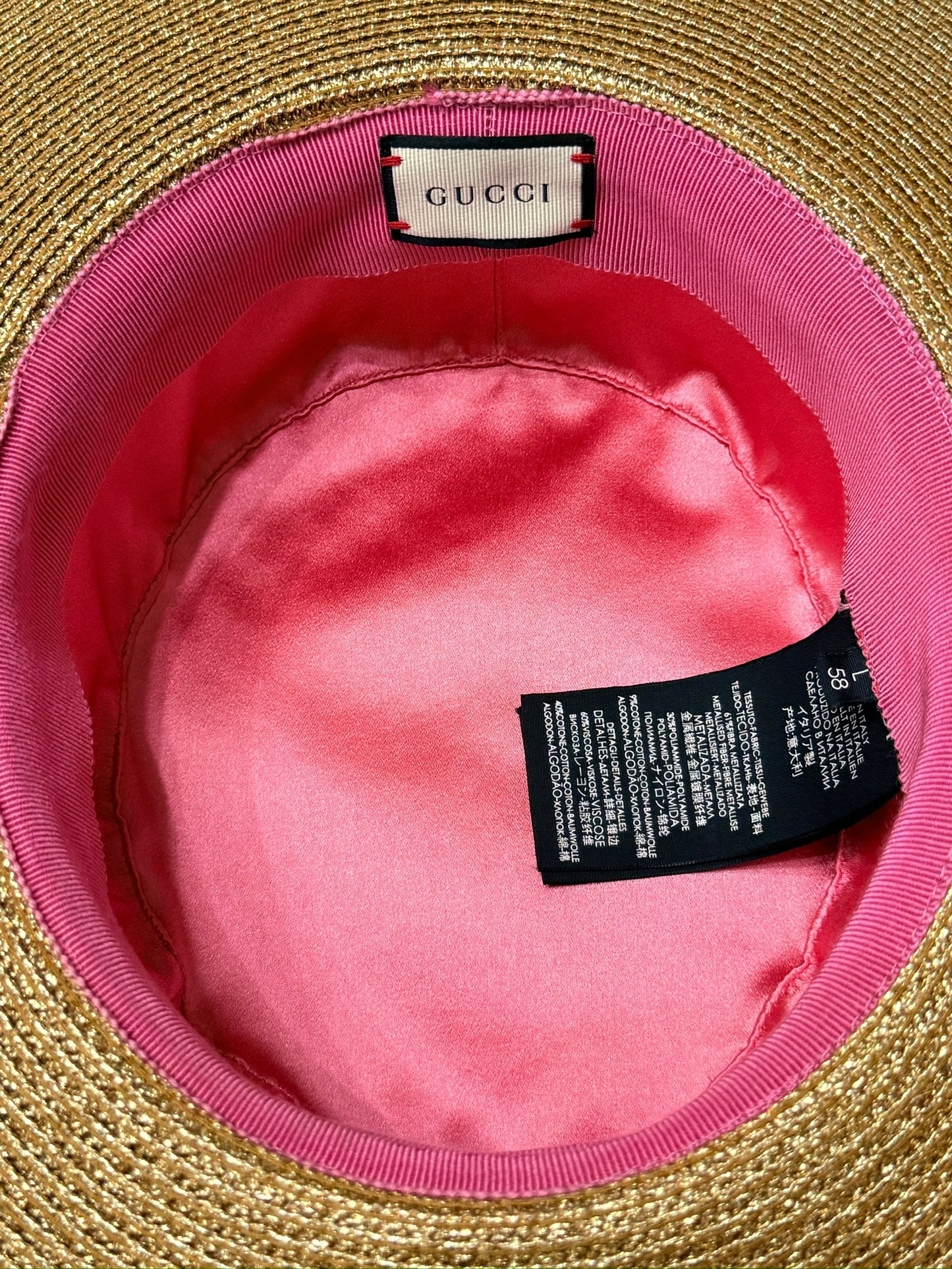 Gucci Bee Gold Metallic Lamé Boater Hat — Wide Brim Rare Silk Lining Variant| Alessandro Michele | Size 58