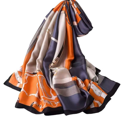 Purple & Charcoal Equestrian Silky Satin Scarf Shawl Wrap Oversized Lightweight