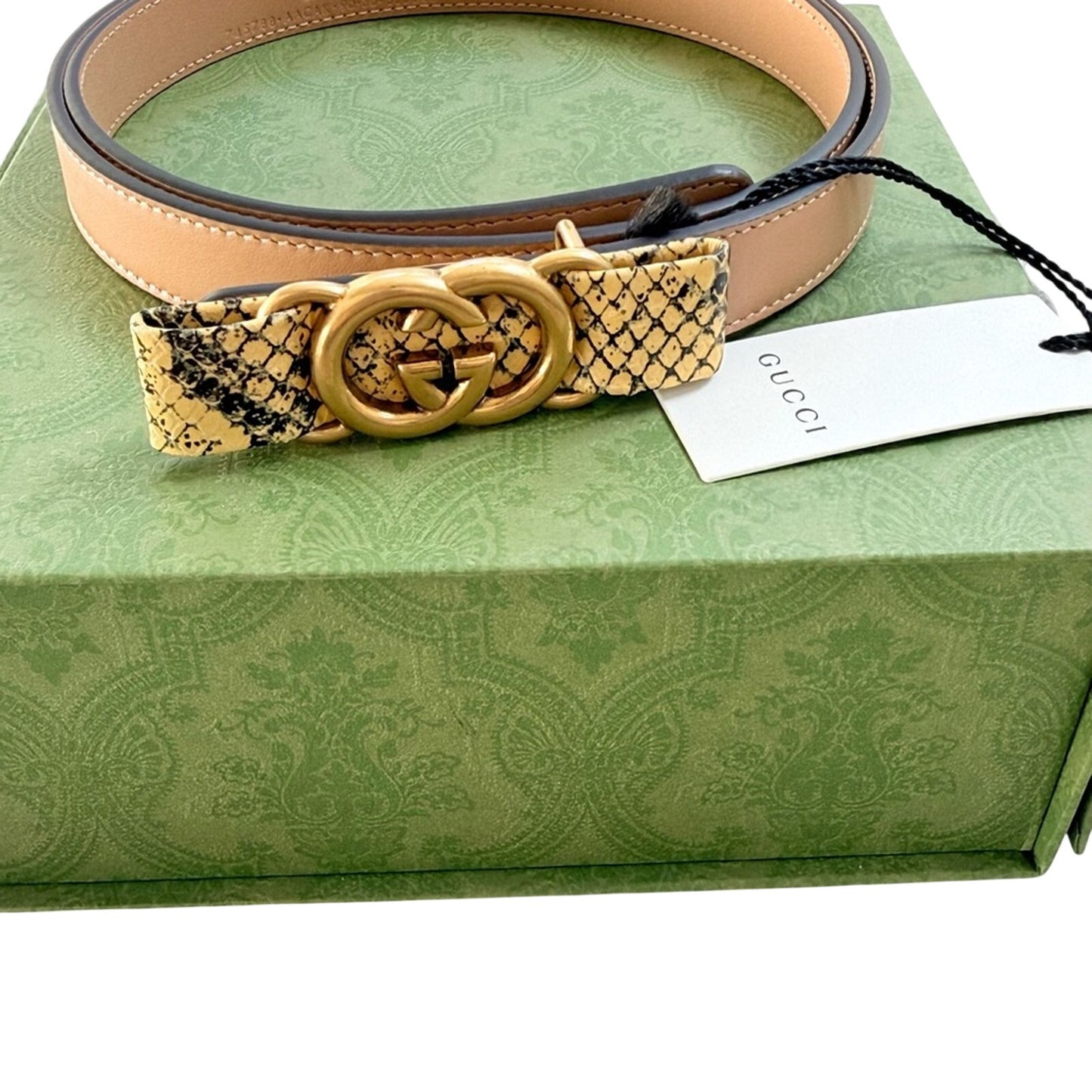 NWT & Box Gucci Beige Leather Belt with Python-Wrapped Interlocking G Buckle