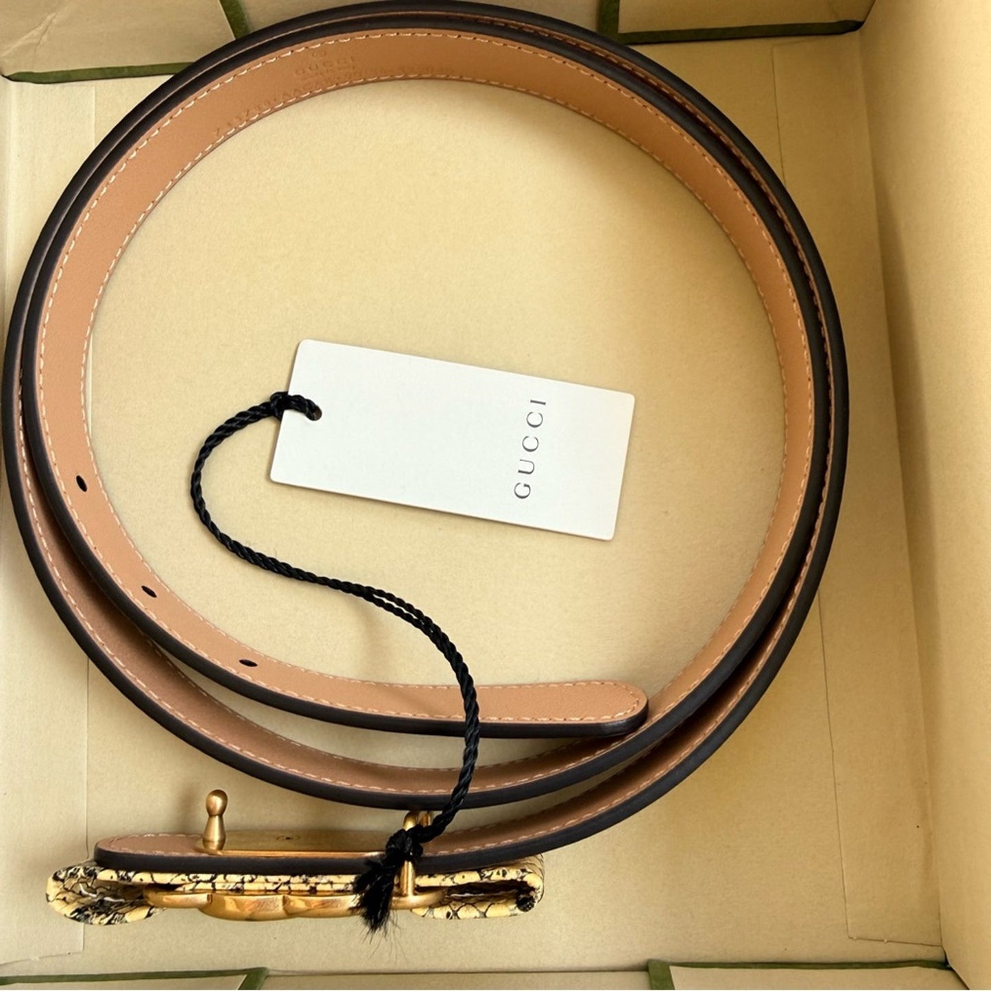 NWT & Box Gucci Beige Leather Belt with Python-Wrapped Interlocking G Buckle