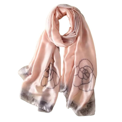 Blush Pink Floral Border Silky Satin Scarf Shawl Wrap – Oversized Lightweight