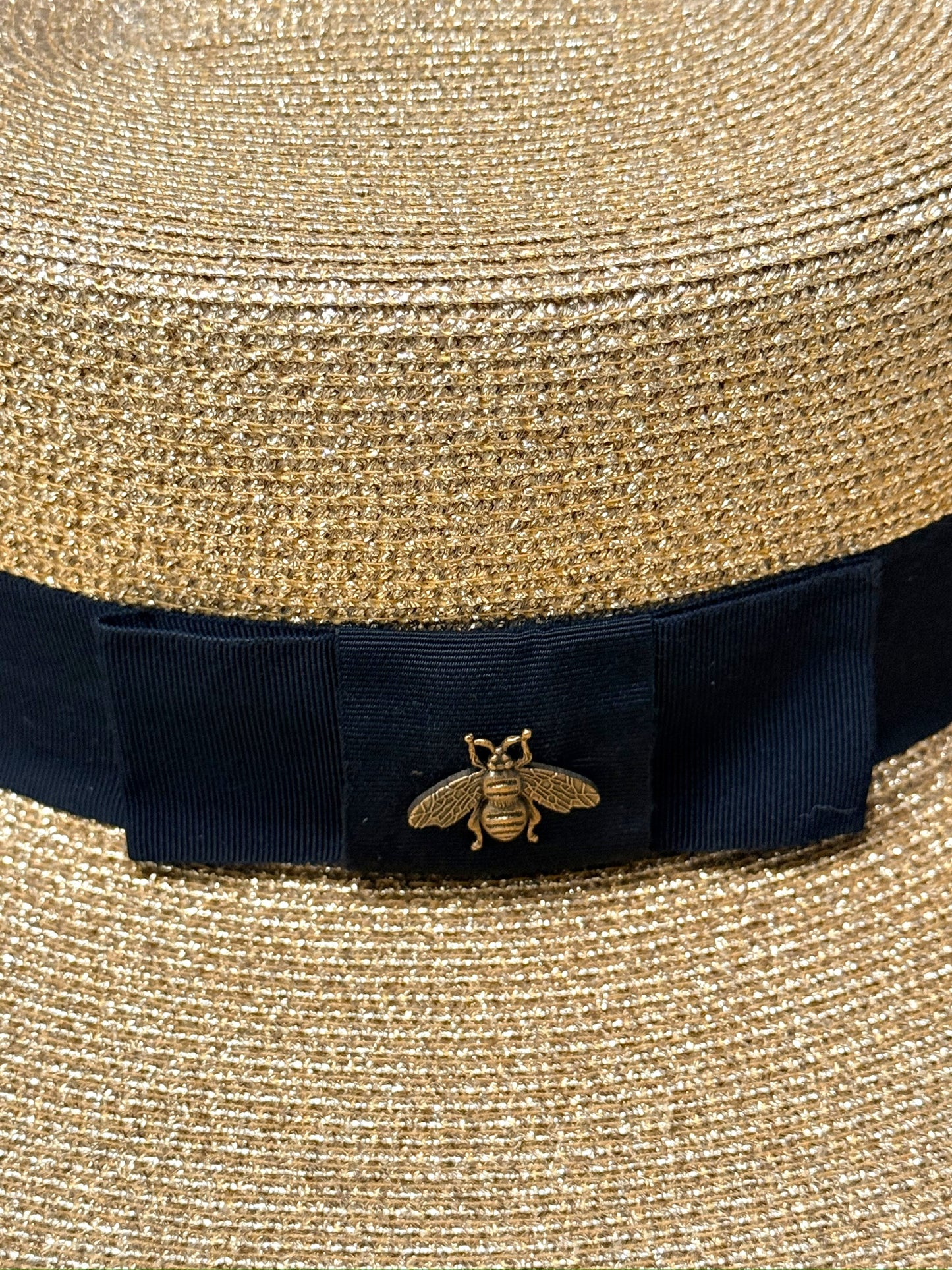 Gucci Bee Gold Metallic Lamé Boater Hat — Wide Brim Rare Silk Lining Variant| Alessandro Michele | Size 58