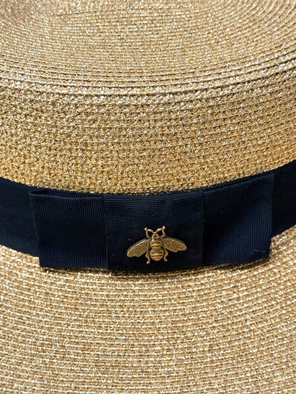 Gucci Bee Gold Metallic Lamé Boater Hat — Wide Brim Rare Silk Lining Variant| Alessandro Michele | Size 58