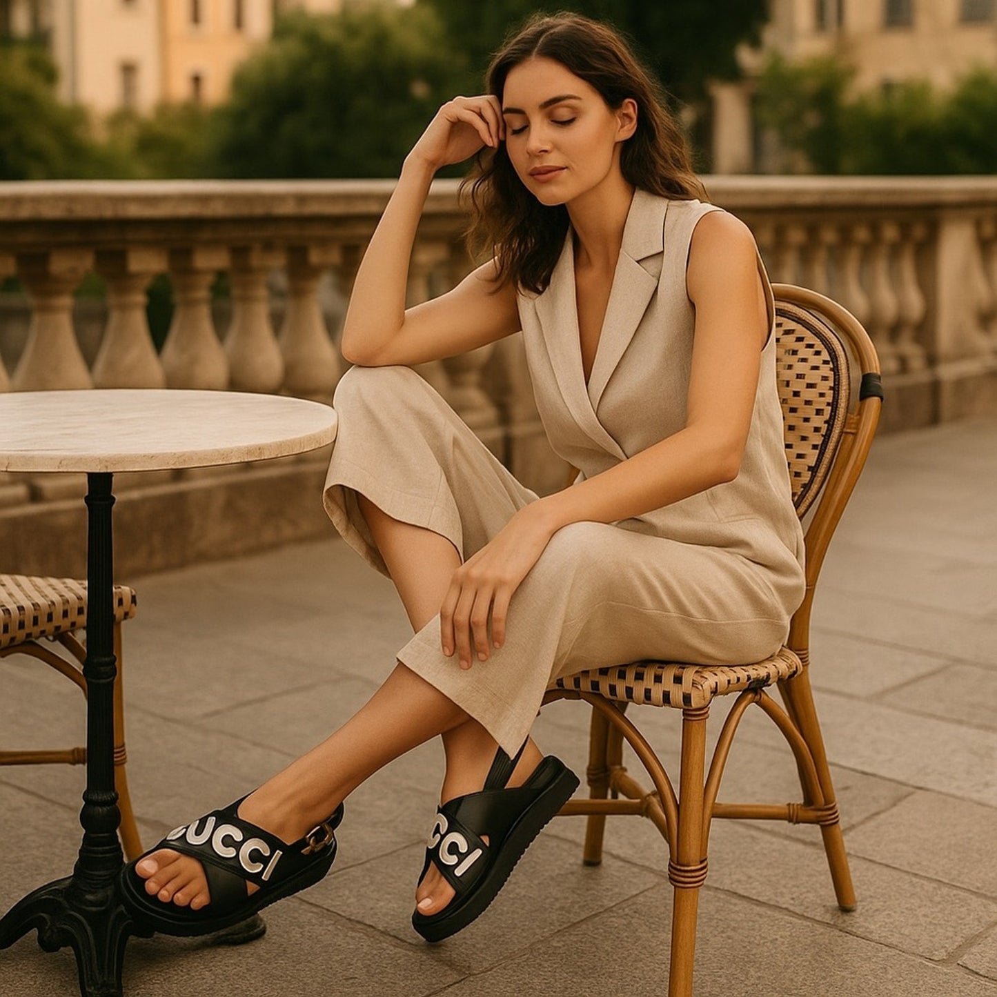 NWT Gucci Black & White Logo Appliqué Leather Slingback Sandals Size 36.5 EU/6.5